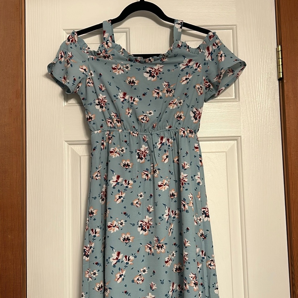 Monteau blue floral off the shoulder dress